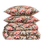 Bettwäsche set "Rosy Whisper". Bettwäsche 155x200, 135/140x200 cm, 150x200 cm, 155/160x200 cm, 180x200 cm, 200x200 cm, 200x220 cm, 220x240 cm. Sandfarbenes bettwäsche-set mit korallfarbenen blüten und hellen blättern.