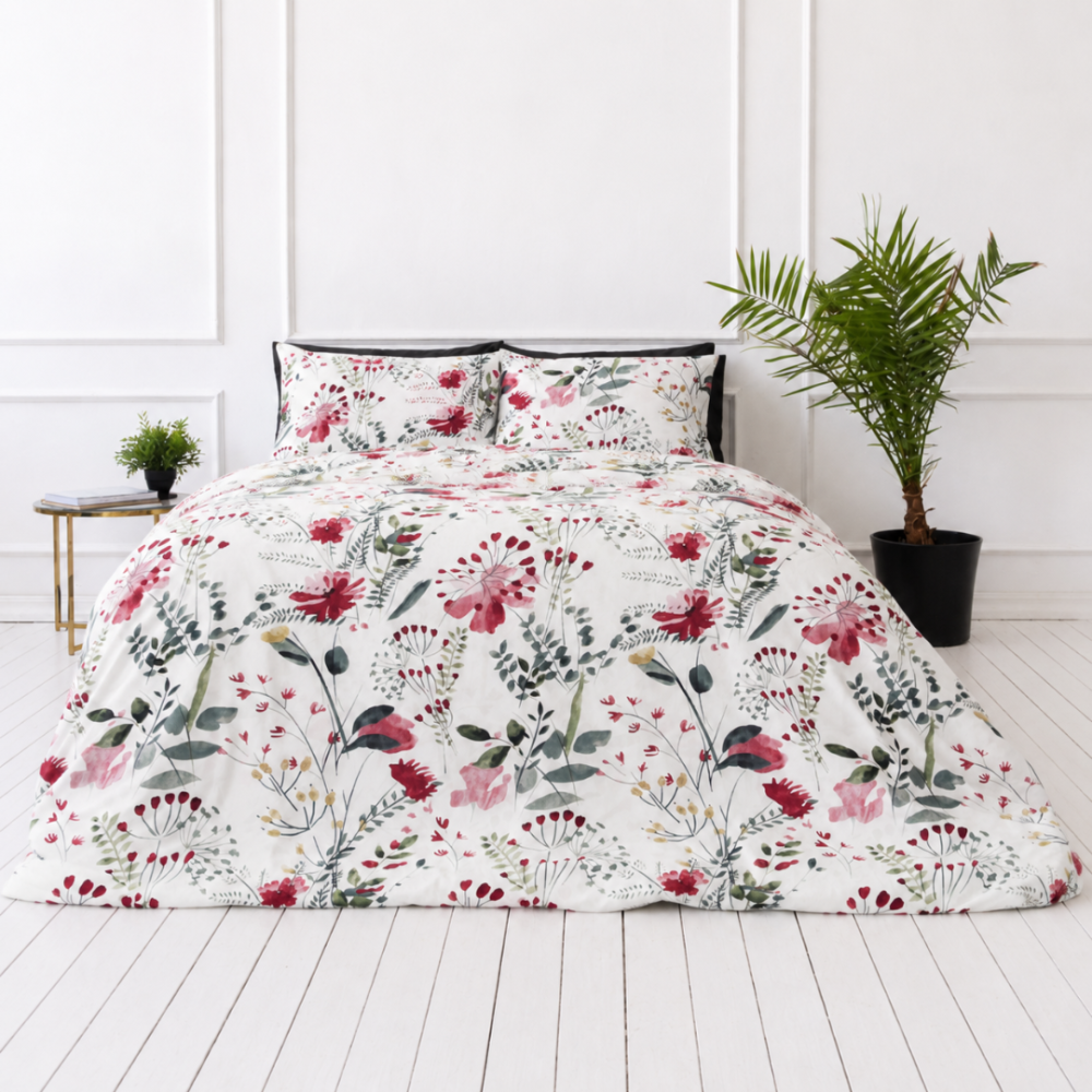 Bettwäsche set "Sparkling Flowers". Gemusterte Bettwäsche, 135/140x200 cm, 200x200 cm, 200x220 cm. Design‑aquarellmuster mit rosafarbenen blumen und grünen blattzeichnungen auf weiß.