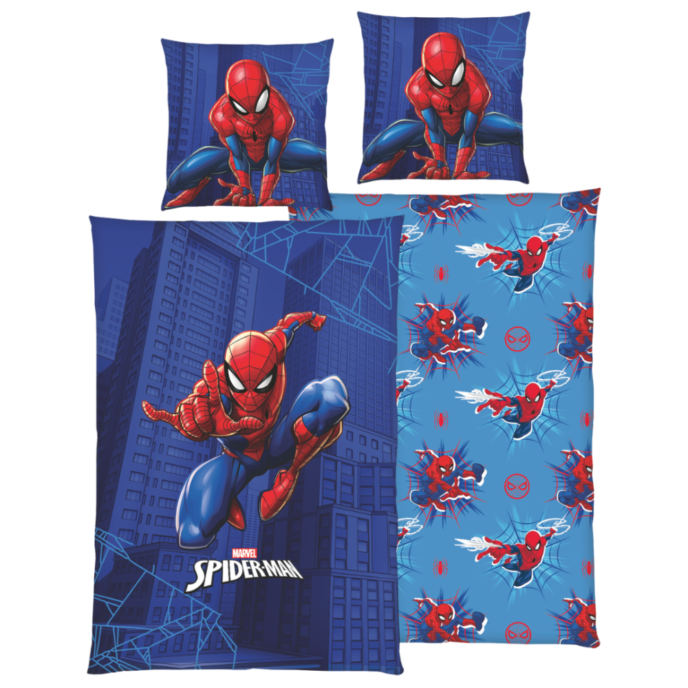 Bettwäsche set "Spiderman". Kinderbettwäsche, 135x200 cm. Blaues spider-man-bettwäsche-design mit rot-blauem spider-man vor dunkler stadtkulisse Bettwäsche set "Spiderman". Kinderbettwäsche, 135x200 cm. Blaues spider-man-bettwäsche-design mit rot-blauem spider-man vor dunkler stadtkulisse