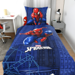 Bettwäsche set "Spiderman". Kinderbettwäsche, 135x200 cm. Hellblaues bettwäsche-muster mit wiederkehrenden roten spider-man-motiven Bettwäsche set "Spiderman". Kinderbettwäsche, 135x200 cm. Hellblaues bettwäsche-muster mit wiederkehrenden roten spider-man-motiven