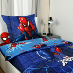 Bettwäsche set "Spiderman". Kinderbettwäsche, 135x200 cm. Wendbares blaues spider-man-design mit stadt-, spinnennetz- und spider-man-motiven Bettwäsche set "Spiderman". Kinderbettwäsche, 135x200 cm. Wendbares blaues spider-man-design mit stadt-, spinnennetz- und spider-man-motiven