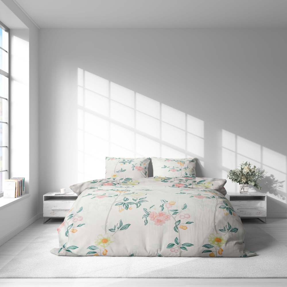 Bettwäsche set "Spring Melody". Bettwäsche Baumwolle, 135/140x200 cm, 200x200 cm, 200x220 cm. Dieses bettwäsche-set mit dezentem blumenmuster und pastellfarbenen akzenten schafft ruhe und gemütlichkeit in ihrem schlafzimmer.