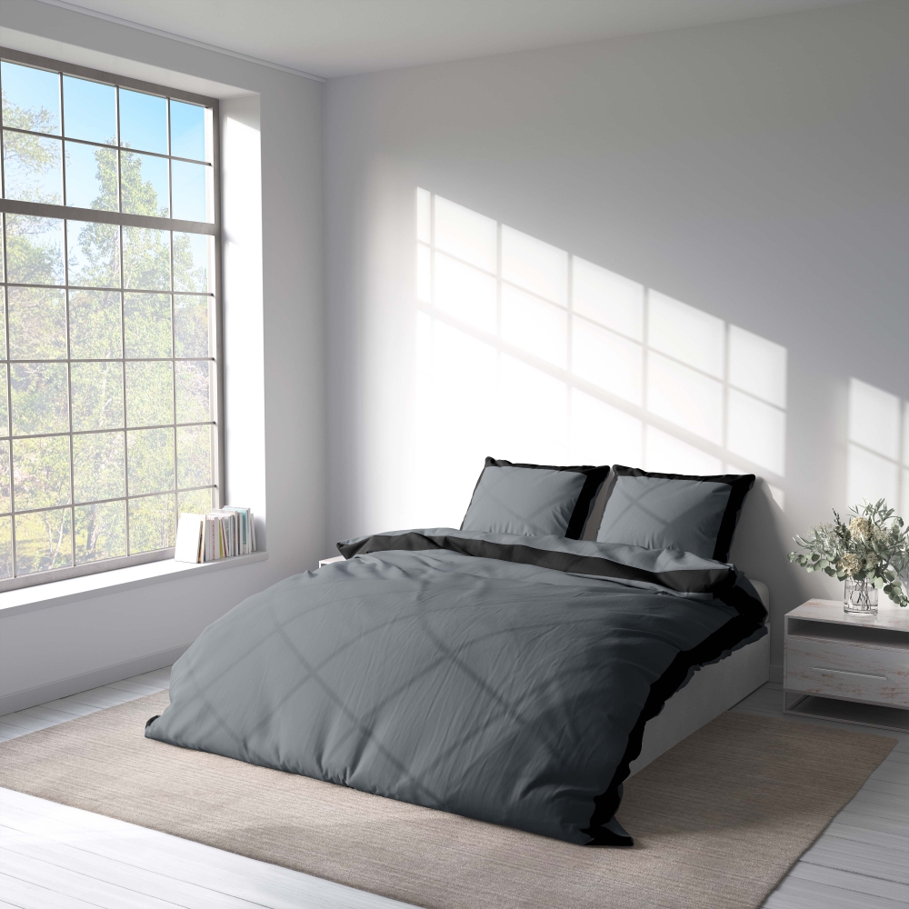 Bettwäsche set "Squared Dark". Bettwäsche 200x220, 200x220 cm. Elegante dunkelgraue bettwäsche mit markantem schwarzem rahmen, die ein luxuriöses und raffiniertes aussehen bietet.