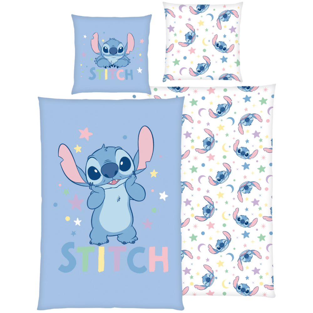 Bettwäsche set "Stitch Blue“. Kinderbettwäsche, 135x200 cm. Hellblaues bettwäsche-set mit stitch und pastellfarbenen sternmotiven. Bettwäsche set "Stitch Blue“. Kinderbettwäsche, 135x200 cm. Hellblaues bettwäsche-set mit stitch und pastellfarbenen sternmotiven.