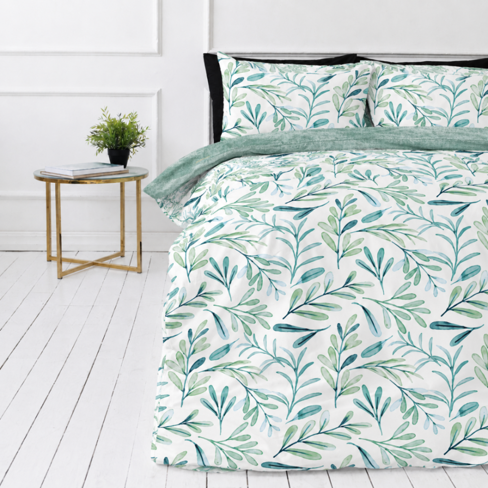 Bettwäsche set „Teal Grove“. Grüne Bettwäsche, 135/140x200 cm, 200x200 cm, 200x220 cm. Weiße bettwäsche mit grünen und blaugrünen blattmotiven Bettwäsche set „Teal Grove“. Grüne Bettwäsche, 135/140x200 cm, 200x200 cm, 200x220 cm. Weiße bettwäsche mit grünen und blaugrünen blattmotiven