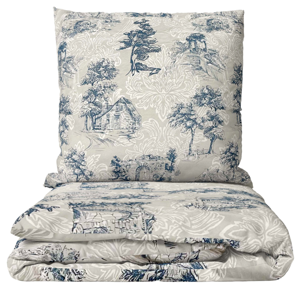 Bettwäsche set "Toile De Jouy Classic". Bettwäsche 140x200, 135/140x200 cm, 200x200 cm, 200x220 cm. Bettwäscheset mit klassischem blauen landschaftsmuster auf grauem hintergrund.