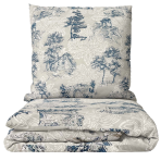 Bettwäsche set "Toile De Jouy Classic". Bettwäsche 140x200, 135/140x200 cm, 200x200 cm, 200x220 cm. Bettwäscheset mit klassischem blauen landschaftsmuster auf grauem hintergrund.