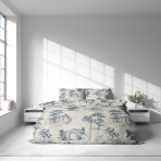 Bettwäsche set "Toile De Jouy Classic". Bettwäsche 140x200, 135/140x200 cm, 200x200 cm, 200x220 cm. Das set wird geziert von einem klassischen „toile“-muster – gruppen dunkelblauer zeichnungen auf hellem hintergrund, die architektur- und naturelemente betonen.