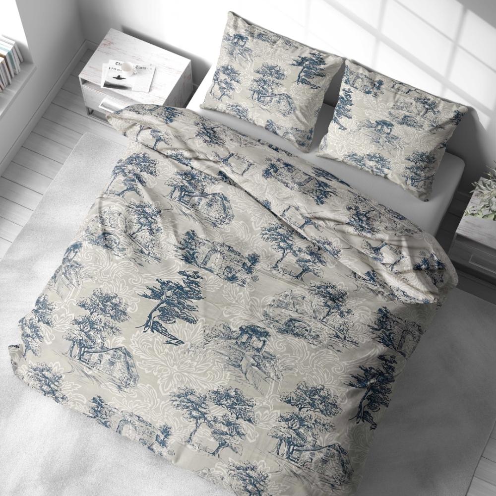 Bettwäsche set "Toile De Jouy Classic". Bettwäsche 140x200, 135/140x200 cm, 200x200 cm, 200x220 cm. Das design wird ergänzt durch weiße pflanzenmotive, in denen baum-silhouetten und dekorative elemente ineinanderfließen und dem muster leichtigkeit verleihen.