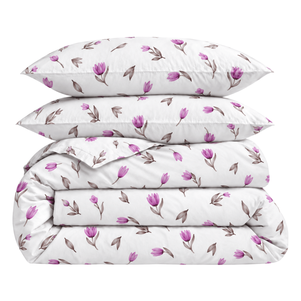 Bettwäsche set "Tulips". Bettwäsche 155x200, 135/140x200 cm, 155x220 cm, 160x200 cm, 180x200 cm, 200x200 cm, 200x220 cm, 220x240 cm. Weißes bettwäsche-set mit einem muster aus fliederfarbenen tulpen und graubraunen blättern. Bettwäsche set "Tulips". Bettwäsche 155x200, 135/140x200 cm, 155x220 cm, 160x200 cm, 180x200 cm, 200x200 cm, 200x220 cm, 220x240 cm. Weißes bettwäsche-set mit einem muster aus fliederfarbenen tulpen und graubraunen blättern.