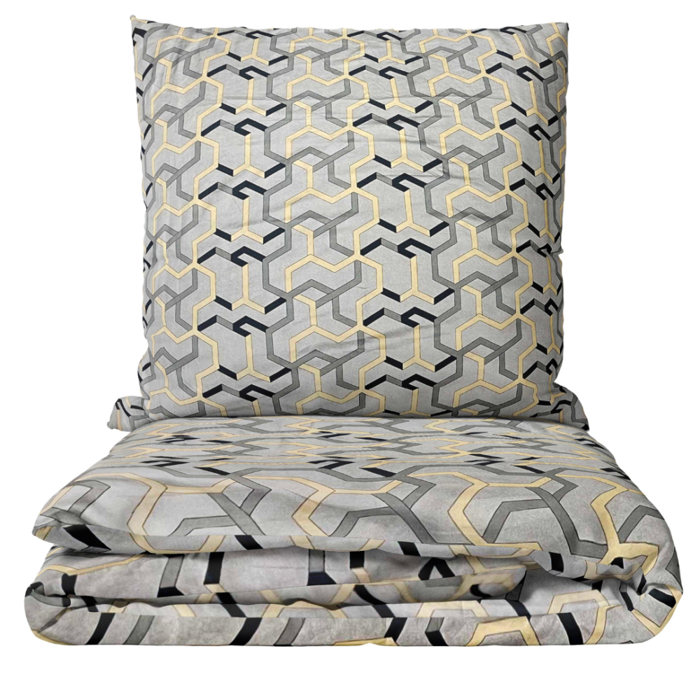 Bettwäsche set "Vibe". Bettwäsche 140x200, 135/140x200 cm, 200x200 cm, 200x220 cm. Bettwäscheset mit modernem geometrischem muster auf sandfarbenem hintergrund mit grauen und schwarzen akzenten.