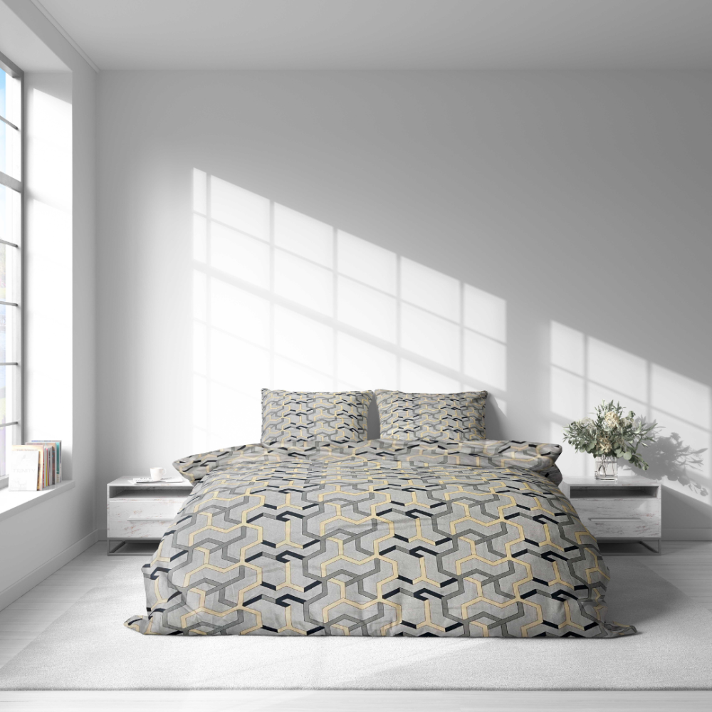 Bettwäsche set "Vibe". Bettwäsche 140x200, 135/140x200 cm, 200x200 cm, 200x220 cm. Doppelbett-bettwäsche-set mit feinem gelb-schwarzem geometrischem motiv.