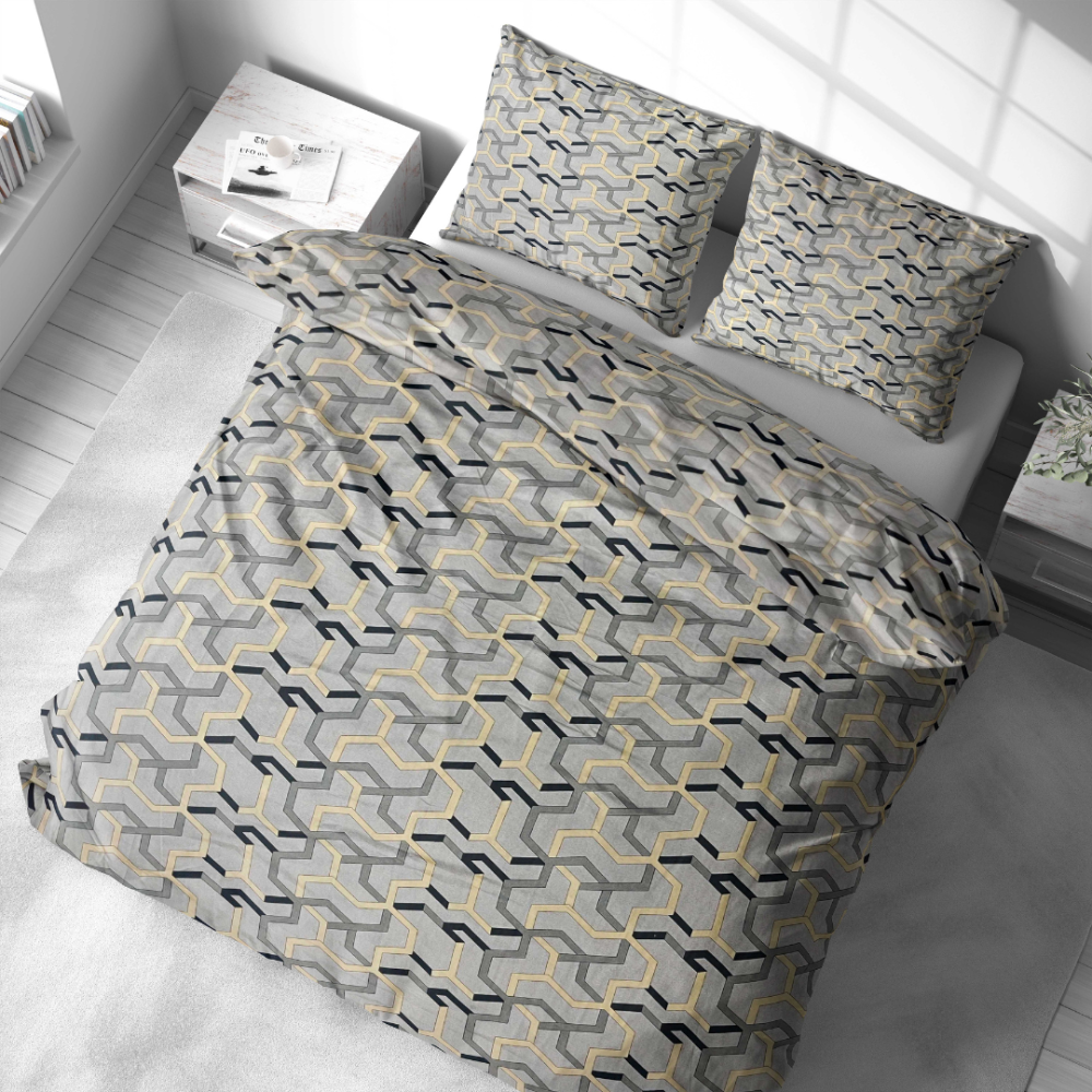 Bettwäsche set "Vibe". Bettwäsche 140x200, 135/140x200 cm, 200x200 cm, 200x220 cm. Baumwoll-bettwäsche-set mit moderner geometrischer komposition in grau, gelb und schwarz.