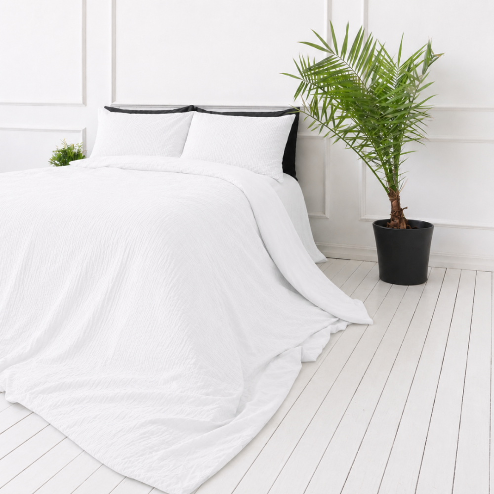 Musselin Bettwäsche set "White muslin". Bettwäsche einfarbig, 200x200 cm, 200x220 cm. Weiße musselin-bettwäsche mit dezent strukturierter oberfläche