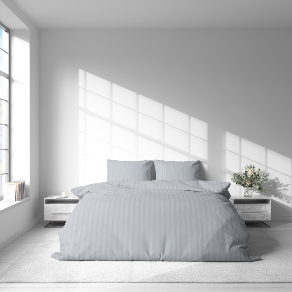 Premium satin bettwäsche set "Light Gray Stripe Satin“. Bettwäsche aus Satin, 135/140x200 cm, 200x200 cm. Modernes baumwoll-bettwäsche-set mit hellgrauen streifen.
