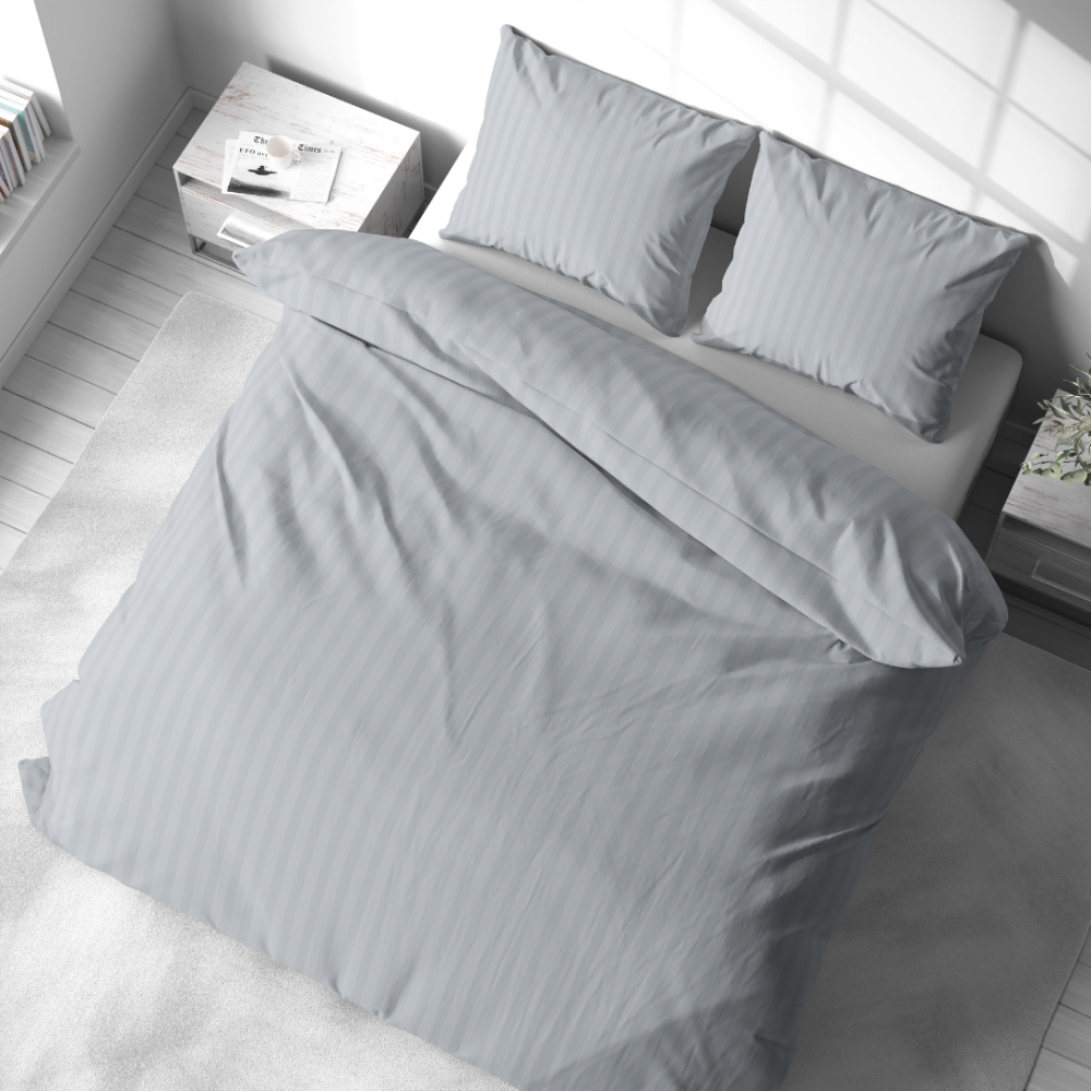 Premium satin bettwäsche set "Light Gray Stripe Satin“. Bettwäsche aus Satin, 135/140x200 cm, 200x200 cm. Pastellgraues bettwäsche-set mit schmalen streifen.