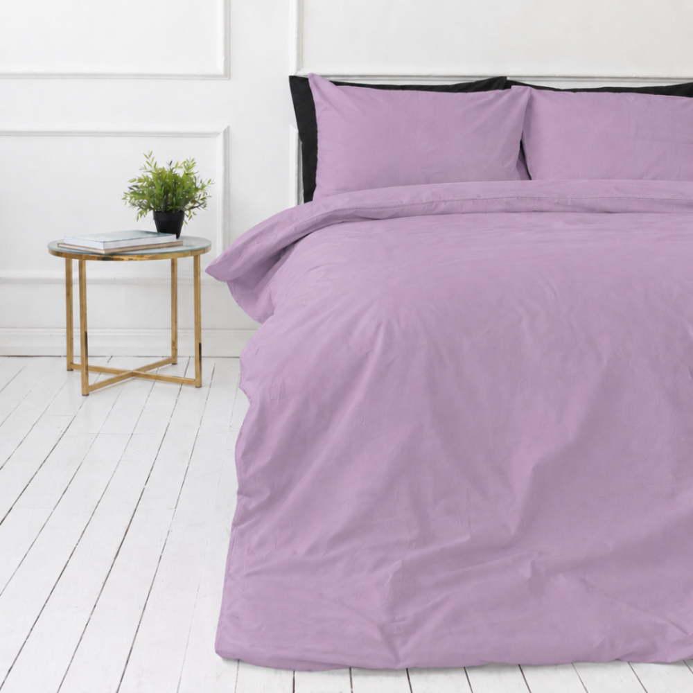 Premium satin bettwäsche set "Lilac Sateen“. Bettwäsche einfarbig, 135/140x200 cm, 200x200 cm, 200x220 cm. Pastellfarbenes, fliederfarbenes bettwäsche-set im minimalistischen einfarbigen design.