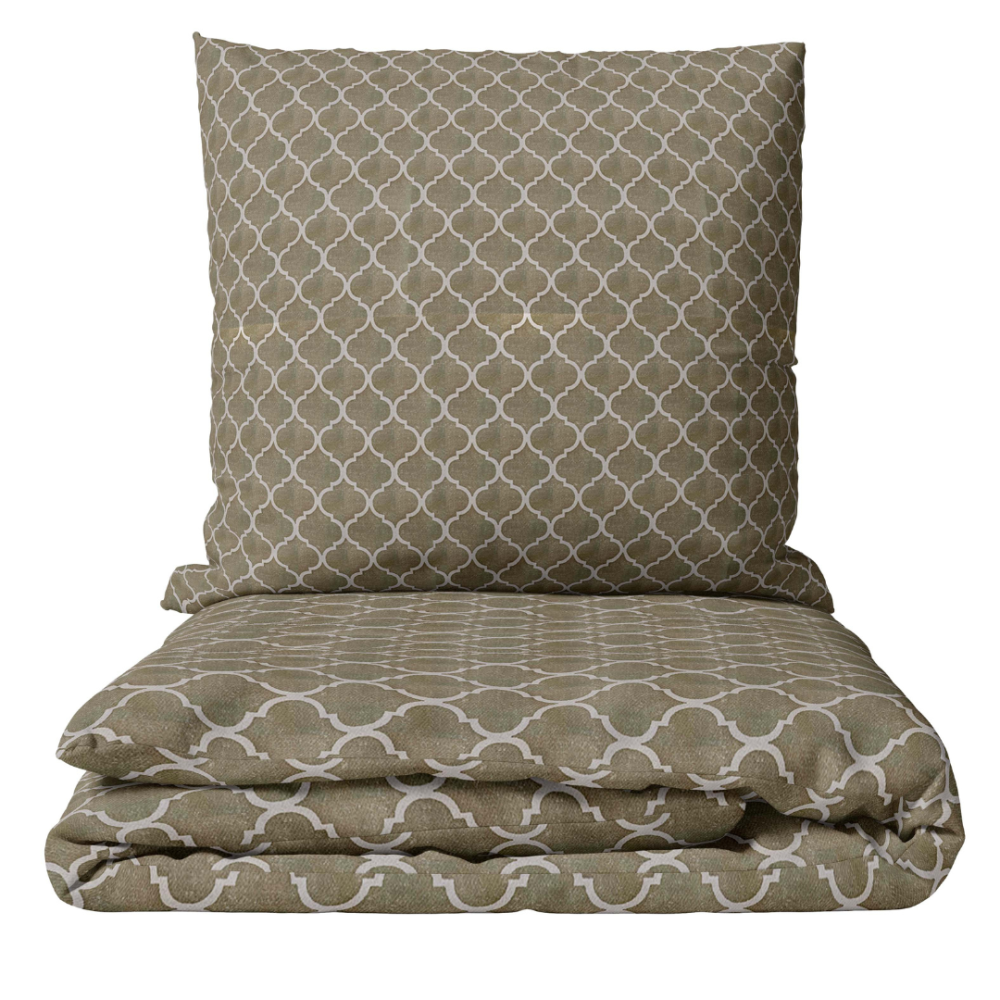 Premium satin bettwäsche set "Morocco forest grey". Bettwäsche aus Satin, 135/140x200 cm, 200x200 cm, 200x220 cm, 220x240 cm. Grau-grünes bettwäsche-set mit sanften grünen und grauen akzenten, das eine ruhige und gemütliche atmosphäre im schlafzimmer schafft.