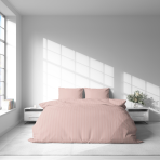 Premium satin bettwäsche set "Peachy Stripe Satin“. Bettwäsche aus Satin, 135/140x200 cm, 200x200 cm. Baumwoll-bettwäsche-set in pfirsichfarbe mit dünnen streifen.