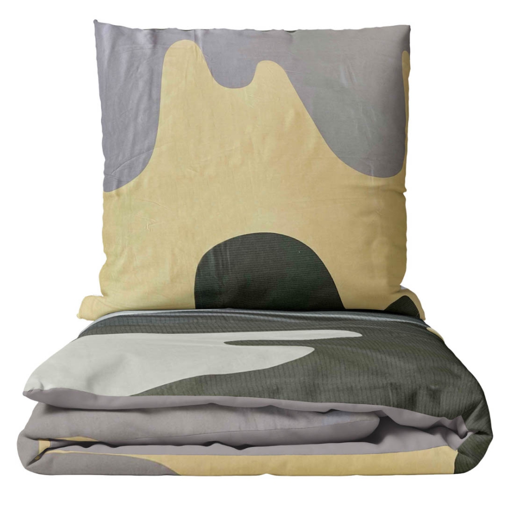 Premium satin bettwäsche set "Artistic". Bettwäsche aus Satin, 135/140x200 cm, 200x200 cm, 200x220 cm. Beruhigendes bettwäscheset mit ineinander übergehenden wellen in grau- und sandtönen.