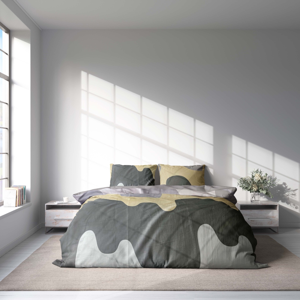 Premium satin bettwäsche set "Artistic". Bettwäsche aus Satin, 135/140x200 cm, 200x200 cm, 200x220 cm. Bettwäscheset in grau, sand und dunkelgrau mit gemischtem wellenmuster.
