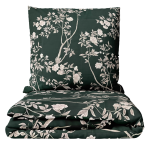 Premium satin bettwäsche set "Blooming Forest". Bettwäsche aus Satin, 135/140x200 cm, 200x200 cm, 200x220 cm. Dunkelgrüne bettwäsche mit zartem zweigdesign, verziert mit zarten blüten für eine ruhige, von der natur inspirierte atmosphäre.