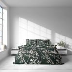 Premium satin bettwäsche set "Blooming Forest". Bettwäsche aus Satin, 135/140x200 cm, 200x200 cm, 200x220 cm. Dunkelgrünes bettwäscheset mit verschlungenen ästen und zarten blüten, die jedem schlafzimmer einen hauch von natur verleihen.