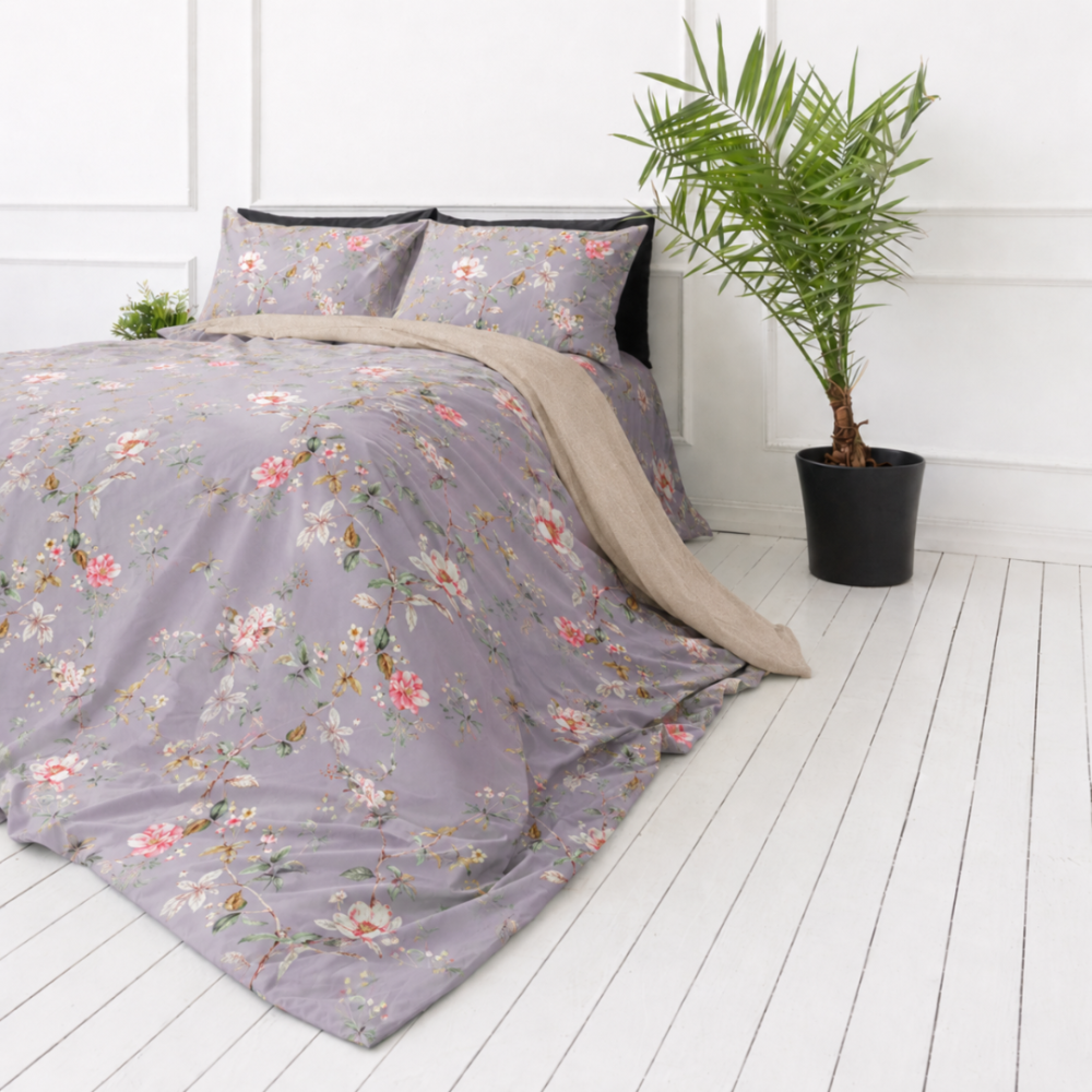 Satin bettwäsche set "Daphne". Lila Bettwäsche, 135/140x200 cm, 200x200 cm, 200x220 cm. Hellviolette bettwäsche mit rosa und weißen blumen Satin bettwäsche set "Daphne". Lila Bettwäsche, 135/140x200 cm, 200x200 cm, 200x220 cm. Hellviolette bettwäsche mit rosa und weißen blumen