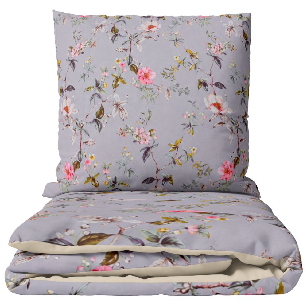 Satin bettwäsche set "Daphne". Bettwäsche 135x200, 135/140x200 cm, 200x200 cm, 200x220 cm. Grau-violette bettwäsche mit zartem rosa, weißem und grünem blumenmuster Satin bettwäsche set "Daphne". Bettwäsche 135x200, 135/140x200 cm, 200x200 cm, 200x220 cm. Grau-violette bettwäsche mit zartem rosa, weißem und grünem blumenmuster