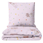 Premium satin bettwäsche set "Dreamy Dots". Bettwäsche aus Satin, 135/140x200 cm. Helles rosa bettwäscheset mit niedlichen bären, hasen und hunden, verziert mit bunten punkten in gelb, grün, blau und rot.