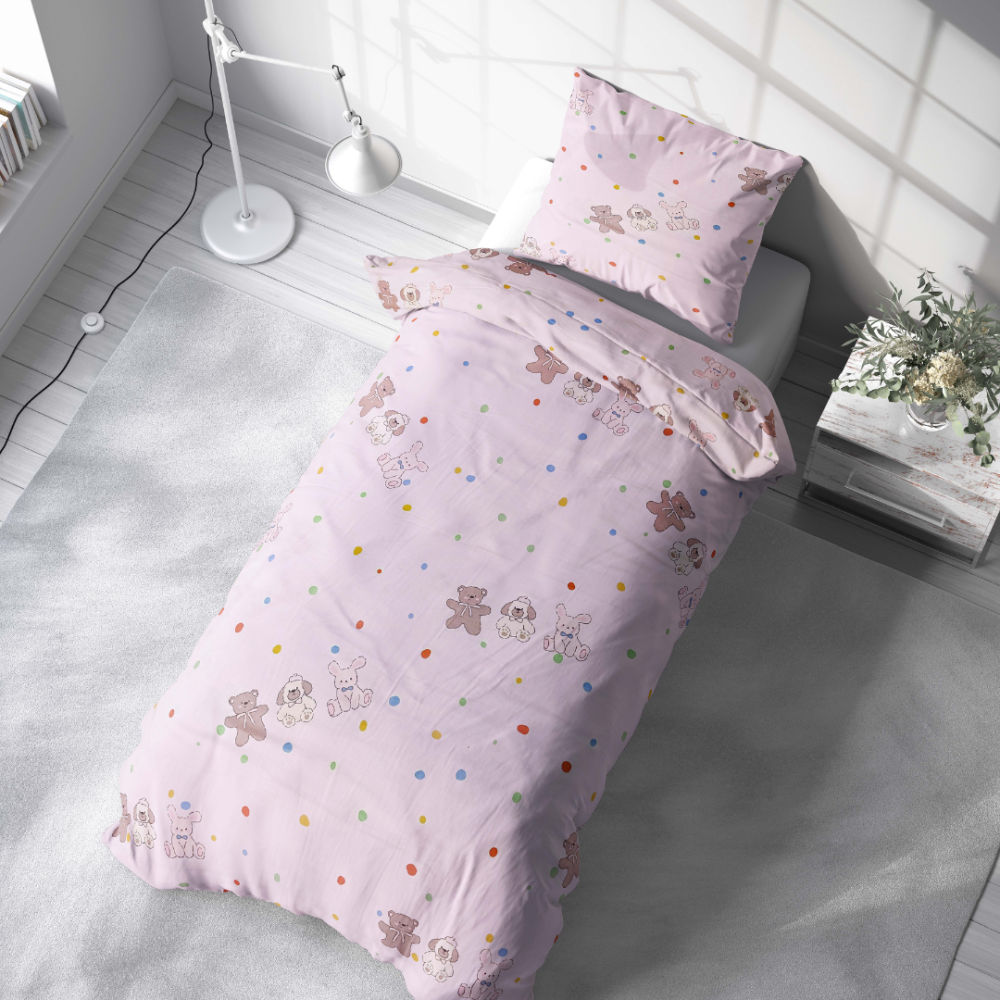 Premium satin bettwäsche set "Dreamy Dots". Bettwäsche aus Satin, 135/140x200 cm. Spaßiges und farbenfrohes kinder-bettwäscheset in rosa, mit tiermotiven und lebendigen punkten, perfekt für die schaffung eines fröhlichen schlafraums