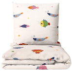 Premium satin bettwäsche set "Fish wish". Bettwäsche 135x200, 100x140 cm, 135/140x200 cm. Cremefarbenes bettwäsche-set mit buntem fischmuster Premium satin bettwäsche set "Fish wish". Bettwäsche 135x200, 100x140 cm, 135/140x200 cm. Cremefarbenes bettwäsche-set mit buntem fischmuster