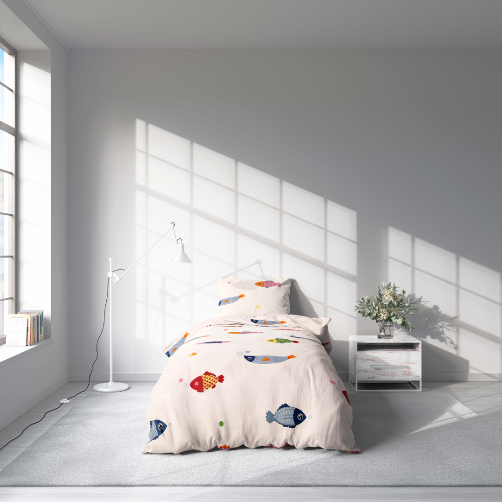 Premium satin bettwäsche set "Fish wish". Bettwäsche 135x200, 100x140 cm, 135/140x200 cm. Kinder-bettwäsche-set mit blauen und roten fischen Premium satin bettwäsche set "Fish wish". Bettwäsche 135x200, 100x140 cm, 135/140x200 cm. Kinder-bettwäsche-set mit blauen und roten fischen