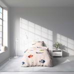Premium satin bettwäsche set "Fish wish". Bettwäsche 135x200, 100x140 cm, 135/140x200 cm. Kinder-bettwäsche-set mit blauen und roten fischen Premium satin bettwäsche set "Fish wish". Bettwäsche 135x200, 100x140 cm, 135/140x200 cm. Kinder-bettwäsche-set mit blauen und roten fischen