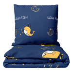 Premium satin bettwäsche set "Gold Fish". Bettwäsche 135x200, 135/140x200 cm. Dunkelblaues bettwäsche-set mit gelben walmotiven und weißen dekorativen akzenten. Premium satin bettwäsche set "Gold Fish". Bettwäsche 135x200, 135/140x200 cm. Dunkelblaues bettwäsche-set mit gelben walmotiven und weißen dekorativen akzenten.
