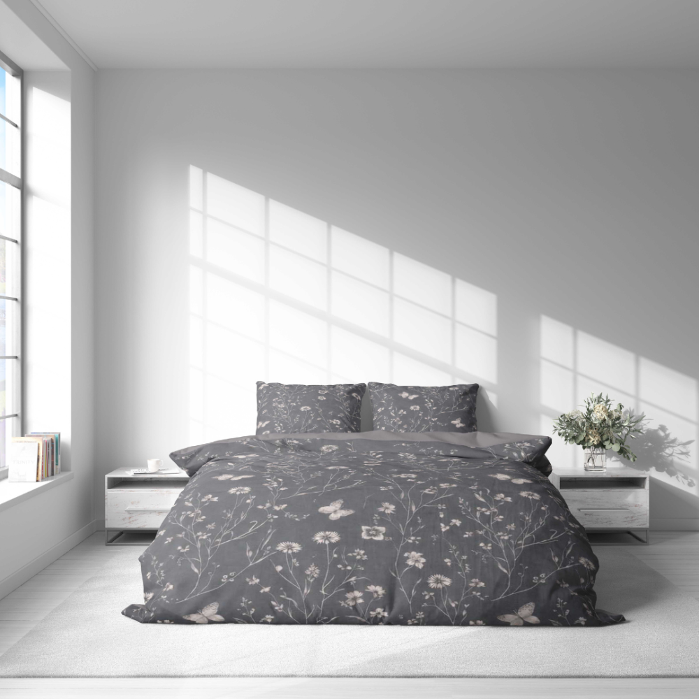 Premium satin bettwäsche set "Florivane". Bettwäsche 155x200, 135/140x200 cm, 150x200 cm, 155/160x200 cm, 180x200 cm, 200x200 cm, 200x220 cm. Bettwäsche-set im graphitton mit pflanzenprint