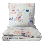 Premium satin bettwäsche set "Hare". Bettwäsche aus Satin, 135/140x200 cm. Charmante kinderbettwäsche in hellen farben mit verspielten grauen und hellbraunen hasen, perfekt für ein gemütliches und fröhliches schlafzimmer.