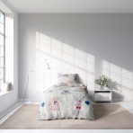 Premium satin bettwäsche set "Hare". Bettwäsche aus Satin, 135/140x200 cm. Niedliches kinderbettwäsche-set in einer weichen, hellen farbe mit grauen und hellbraunen kaninchen, ideal für einen lustigen und gemütlichen schlafplatz.