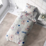 Premium satin bettwäsche set "Hare". Bettwäsche aus Satin, 135/140x200 cm. Verspieltes kinderbettwäsche-set mit hellem hintergrund und skurrilen grauen und hellbraunen kaninchen, perfekt für ein entzückendes und gemütliches zimmer.