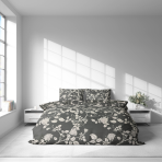 Premium satin bettwäsche set "Lunar Rose". Bettwäsche aus Satin, 135/140x200 cm, 200x200 cm, 200x220 cm. Bettwäscheset in beruhigendem grau mit detaillierten rosenzweigen und hellen blüten für einen subtilen, romantischen, floralen stil.