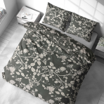 Premium satin bettwäsche set "Lunar Rose". Bettwäsche aus Satin, 135/140x200 cm, 200x200 cm, 200x220 cm. Zartes graues bettwäscheset mit hellen rosenzweigen und -blüten, perfekt für ein sanftes, blumiges ambiente in jedem raum.