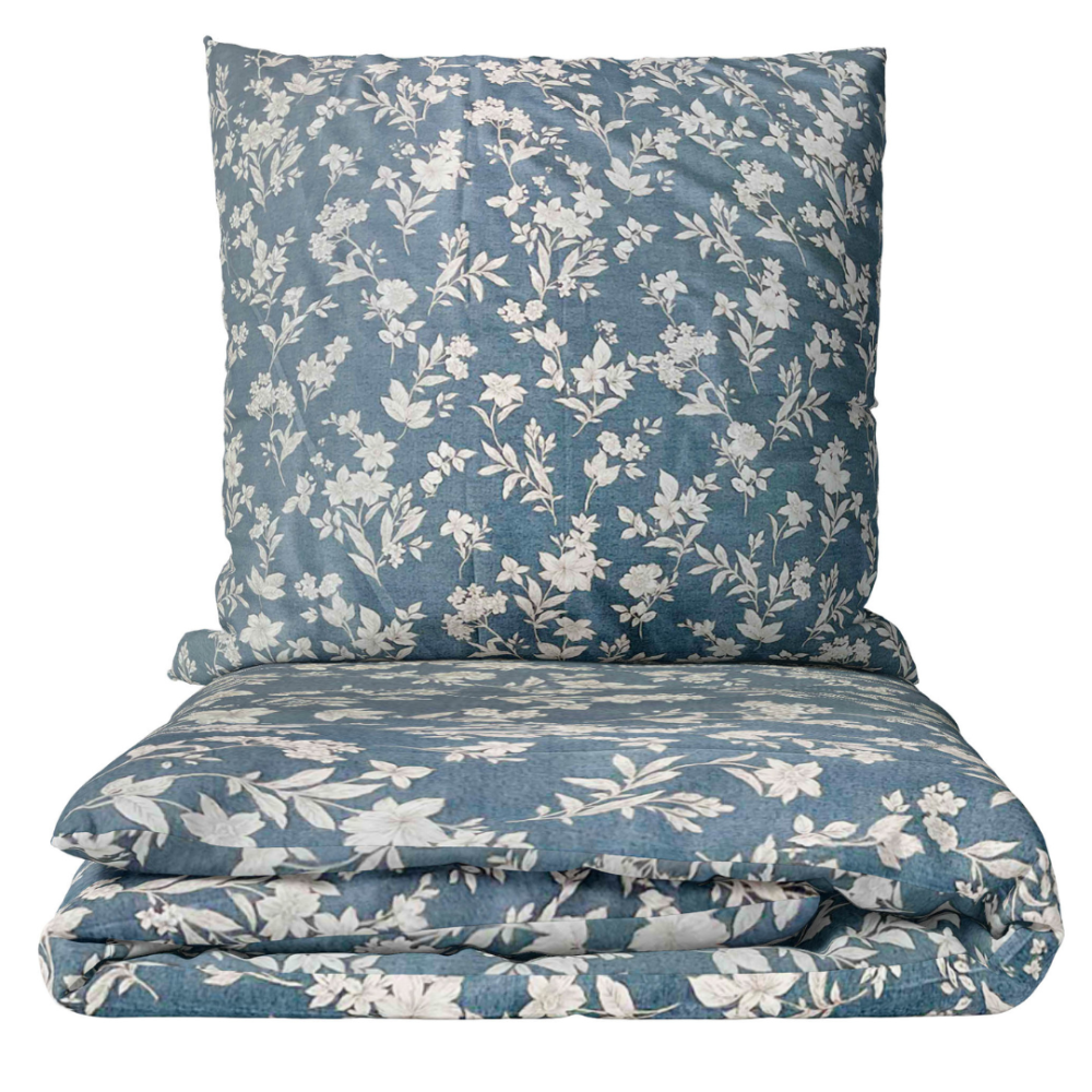 Satin bettwäsche set "Meadow". Bettwäsche aus Satin, 135/140x200 cm, 200x200 cm, 200x220 cm. Graublaues bettwäscheset mit hellbraunem blumenmuster, das ihrem zimmer dezente eleganz verleiht