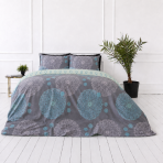 Satin bettwäsche set "Medallions". Graue Bettwäsche, 135/140x200 cm, 200x200 cm, 200x220 cm. Grau-blaue bettwäsche mit dekorativem rundem blumenmuster
