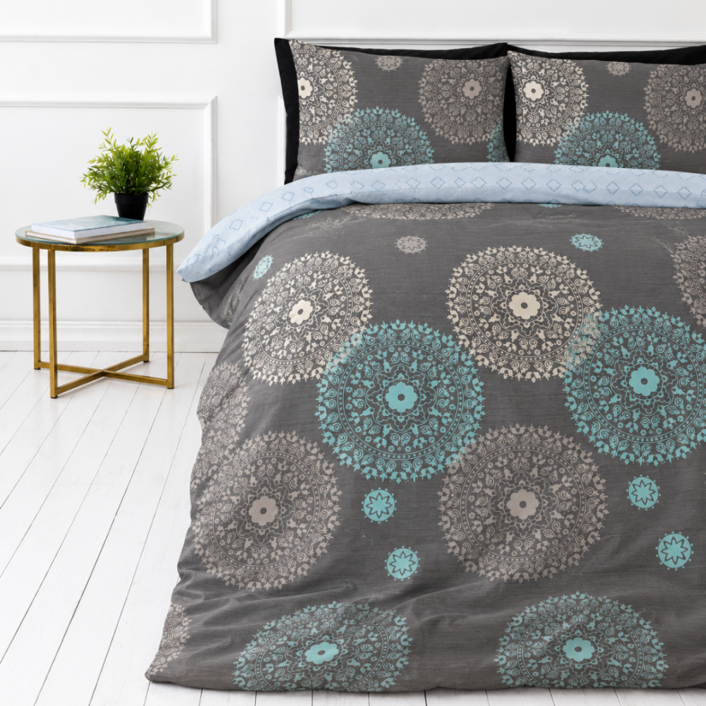 Satin bettwäsche set "Medallions". Graue Bettwäsche, 135/140x200 cm, 200x200 cm, 200x220 cm. Wendbare bettwäsche mit grauem blumenmuster und hellblauer seite