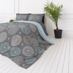 Satin bettwäsche set "Medallions". Graue Bettwäsche, 135/140x200 cm, 200x200 cm, 200x220 cm. Baumwollsatin-bettwäsche-set mit grauen und hellblaauen ornamenten