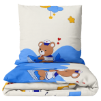 Premium satin bettwäsche set "Sailor“. Bettwäsche 135x200, 135/140x200 cm. Cremefarbenes bettwäsche-set mit blauen wellen, gelben monden und sternen.