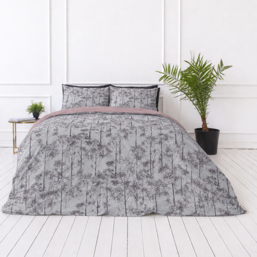 Premium satin bettwäsche set "Silent Grove". Lila Bettwäsche, 135/140x200 cm, 200x200 cm, 200x220 cm. Bettwäsche in ruhigen farben, passend für klassische interieurs.