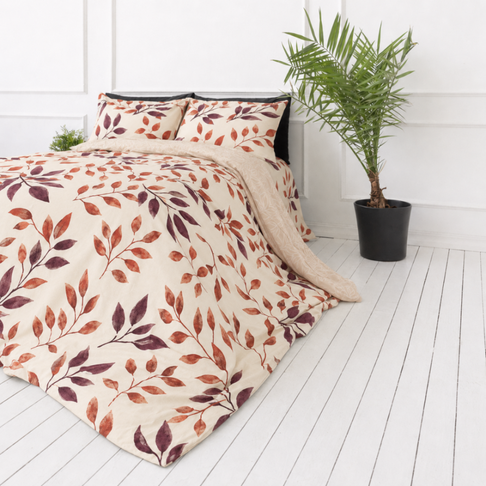 Satin bettwäsche set "Terracotta". Bettwäsche 135x200, 135/140x200 cm, 200x200 cm, 200x220 cm. Cremefarbene bettwäsche mit orangefarbenen und bordeauxroten blättern Satin bettwäsche set "Terracotta". Bettwäsche 135x200, 135/140x200 cm, 200x200 cm, 200x220 cm. Cremefarbene bettwäsche mit orangefarbenen und bordeauxroten blättern
