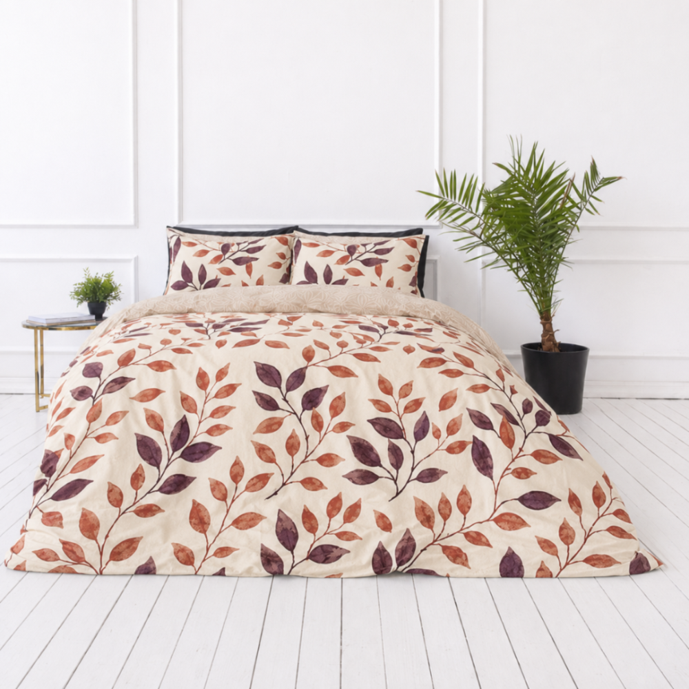 Satin bettwäsche set "Terracotta". Bettwäsche 135x200, 135/140x200 cm, 200x200 cm, 200x220 cm. Baumwollsatin-bettwäsche mit pflanzenmuster in warmen blattfarben Satin bettwäsche set "Terracotta". Bettwäsche 135x200, 135/140x200 cm, 200x200 cm, 200x220 cm. Baumwollsatin-bettwäsche mit pflanzenmuster in warmen blattfarben