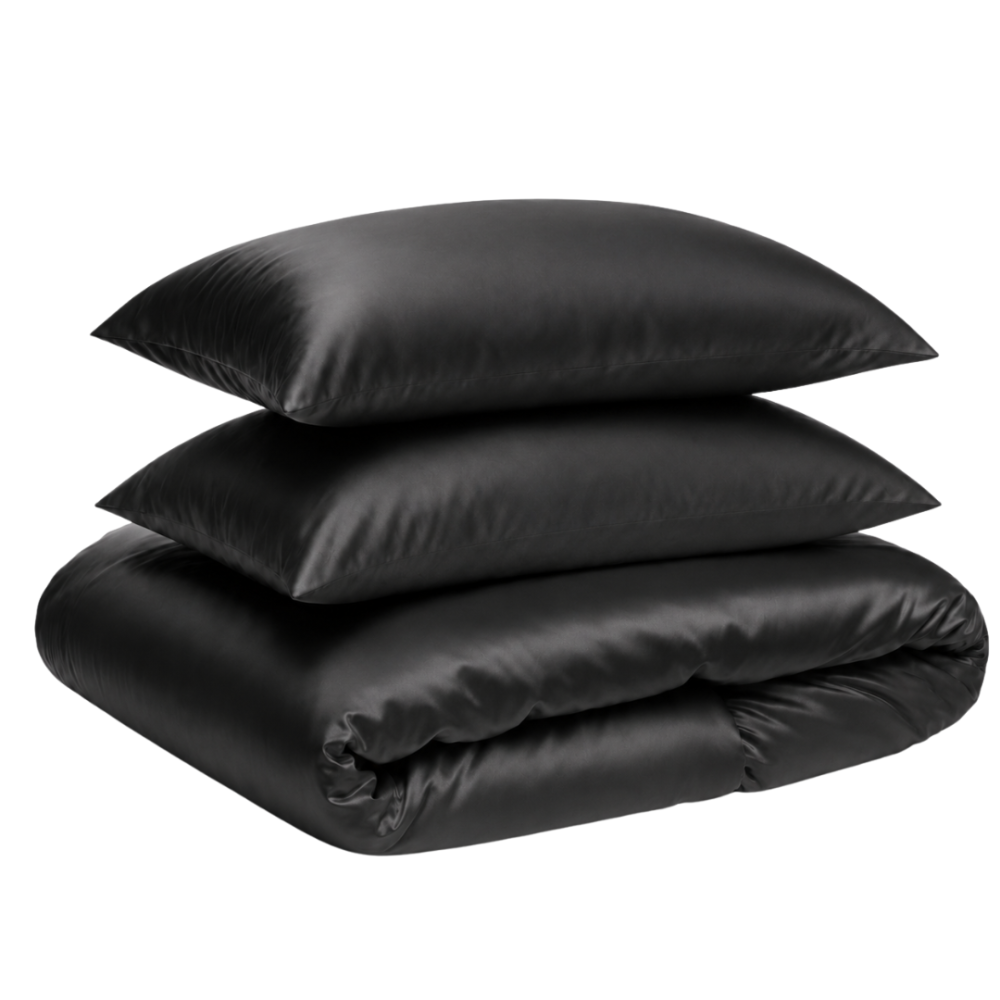 Seidenbettwäsche set "Onyx Silk". Bettwäsche einfarbig, 200x220 cm. Schwarzes seidenbettwäsche-set mit glänzender satinstruktur und eleganten glatten kissen. Seidenbettwäsche set "Onyx Silk". Bettwäsche einfarbig, 200x220 cm. Schwarzes seidenbettwäsche-set mit glänzender satinstruktur und eleganten glatten kissen.